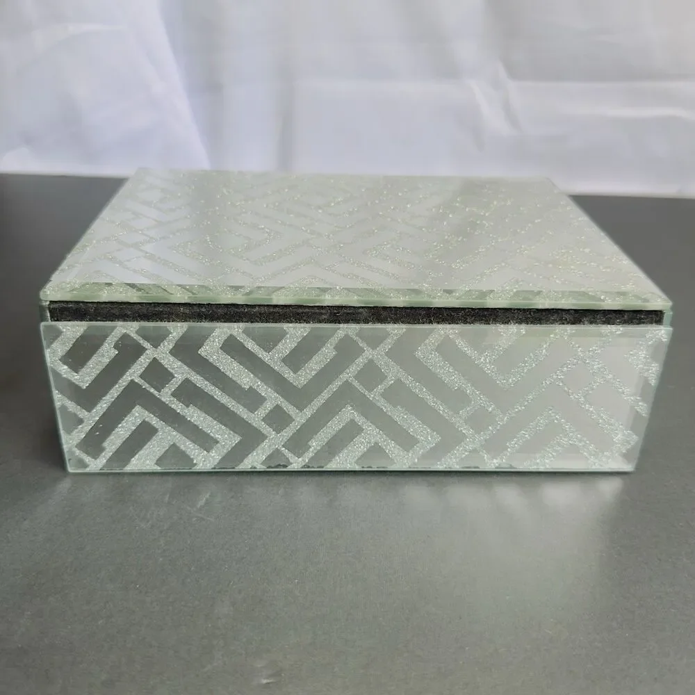 Jewelry Box Storehouse Mirrored Glass Design Trinket Black Velvet Lining Ribbon